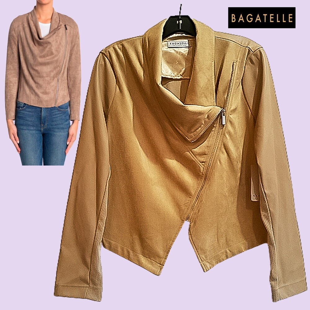 BAGATELLE NEW Bohemian Faux Suede Drape Neck Asymmetrical Zip Jacket L
